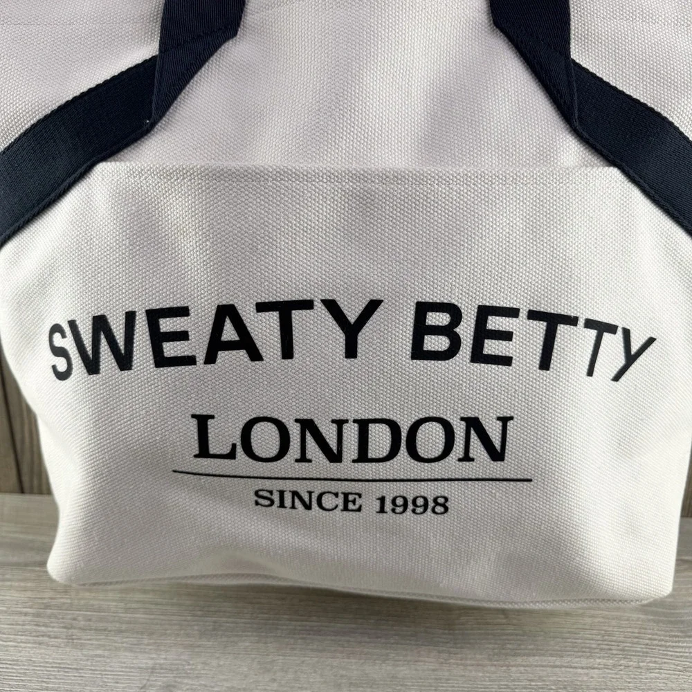 Sweaty Betty London Essentials Canvas Tote Bag White Black Logo Large Cotton